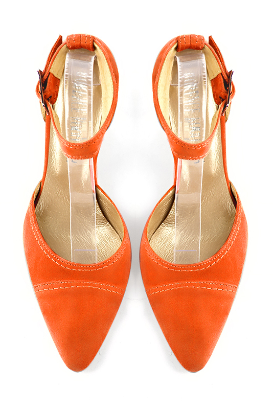 Clementine orange women's open side shoes, with a strap around the ankle. Tapered toe. High wedge heels. Top view - Florence KOOIJMAN